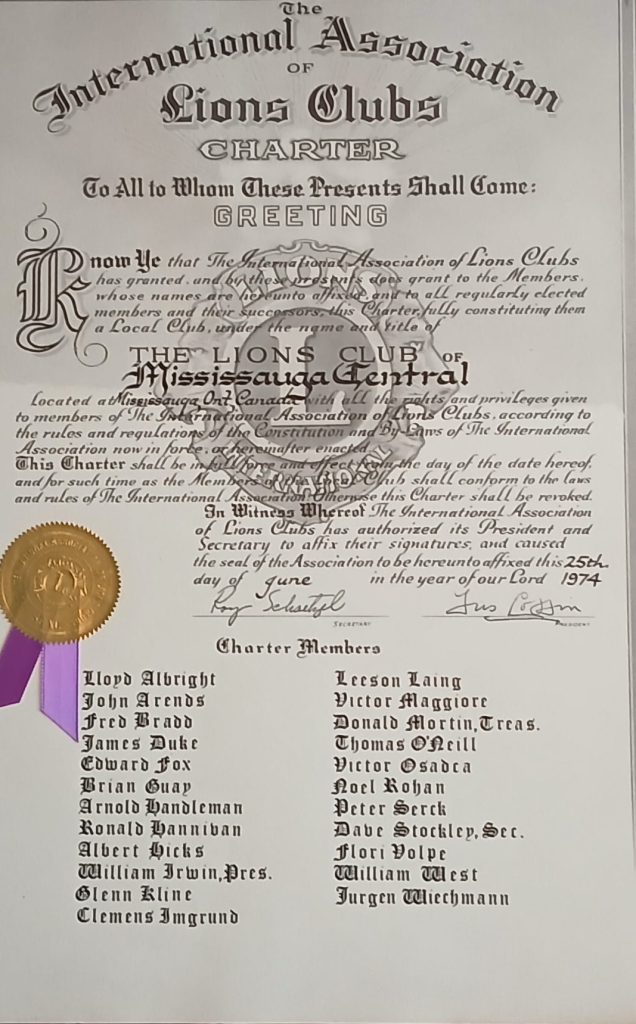 Mississagua Central Lions Club Charter
